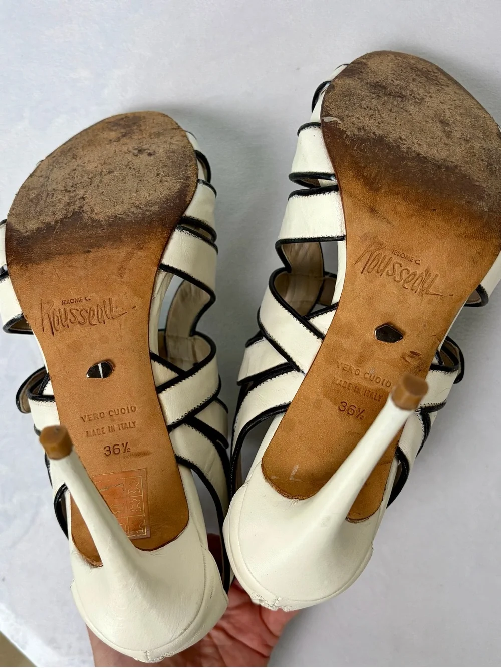 Jerome C Rousseau strappy leather high heels, buckle, black/white, EUC, 36.5